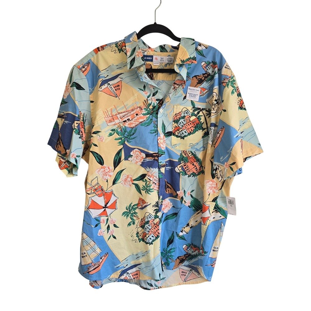 🆕️ Old Navy Mens XXL Built-In Flex Everyday Shirt Mediterranean Vacation Print